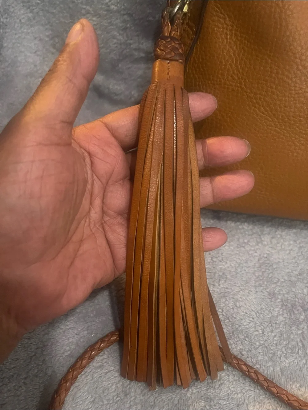Tory Burch Tan Pebbled Leather Crossbody with Tassel